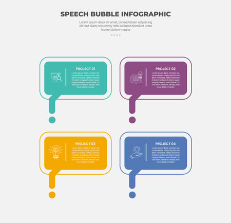 speech bubble shape infographic outline style with 4 point template with round rectangle box with dot discussion sign with for slide presentation vectorのイラスト素材