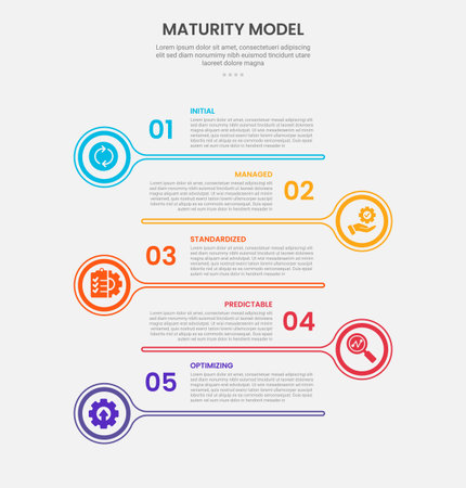 maturity model infographic outline style with 5 point template with big circle and long line with opposite position for slide presentation vectorのイラスト素材