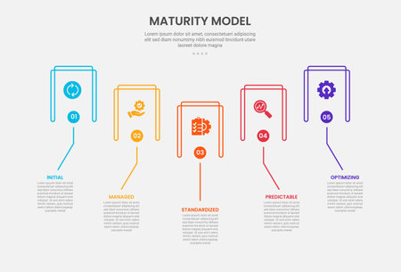 maturity model infographic outline style with 5 point template with open rectangle box with line pointing description for slide presentation vectorのイラスト素材