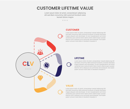 clv customer lifetime value infographic outline style with half circle shape like fan shape 3 point template with for slide presentation vectorのイラスト素材