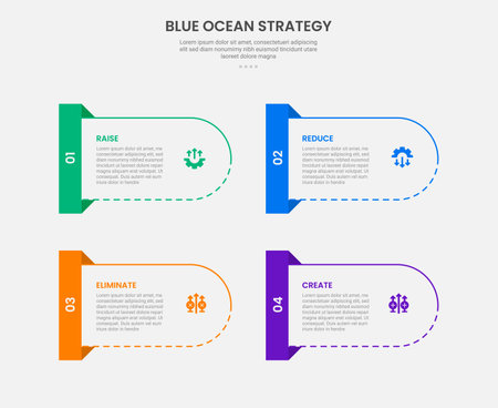 Blue ocean strategy infographic outline style with 4 point template with round container and rectangle badge on side for slide presentation vectorのイラスト素材