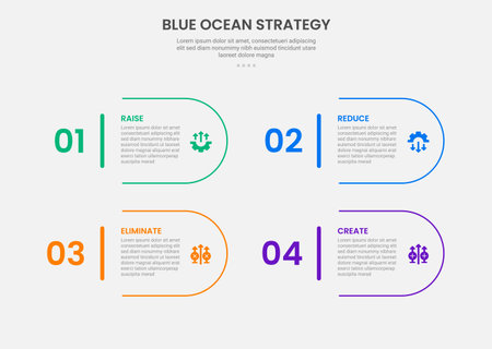 Blue ocean strategy infographic outline style with 4 point template with round rectangle container with big number for slide presentation vectorのイラスト素材