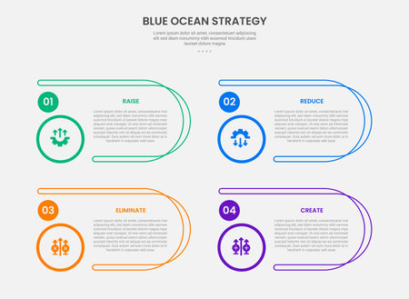 Blue ocean strategy infographic outline style with 4 point template with round rectangle container with circle badge for slide presentation vectorのイラスト素材