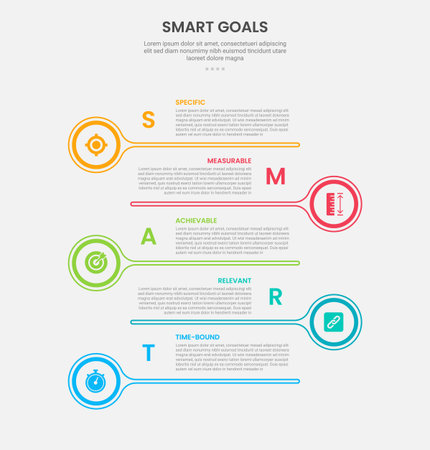 SMART goals infographic outline style with 5 point template with big circle and long line with opposite position for slide presentation vectorのイラスト素材