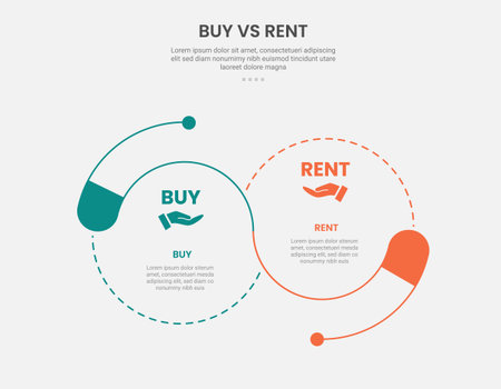 buy vs rent infographic outline style with 2 point comparison template with big circle combination with dotted line venn joined for slide presentation vectorのイラスト素材