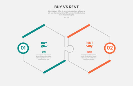 buy vs rent infographic outline style with 2 point comparison template with hexagonal shape puzzle jigsaw connection for slide presentation vectorのイラスト素材