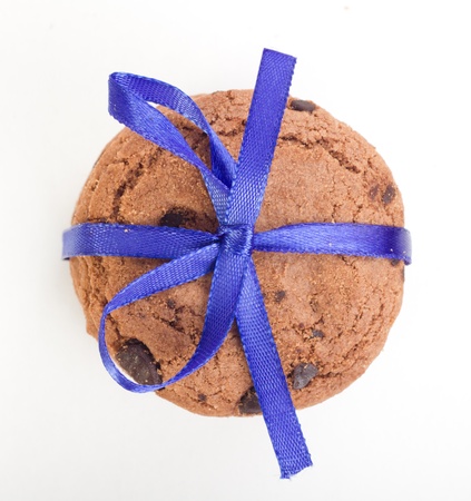 chocolate cookies with blue ribbonの写真素材