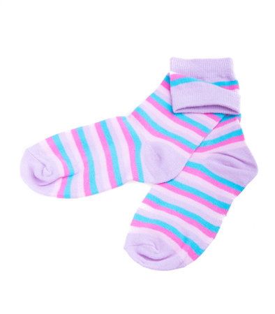 Multicolor child's striped socks isolated on white backgroundの写真素材