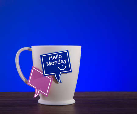 Morning Coffee. Hello Monday greetings concept with cute smiling face sign.の写真素材