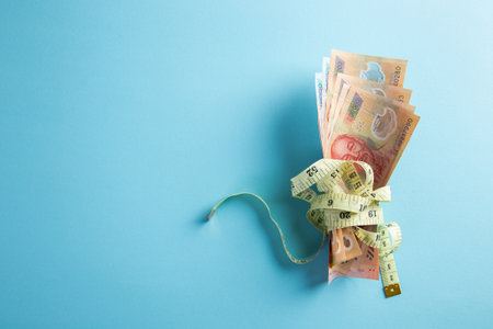 Money with a tape measure on blueの写真素材