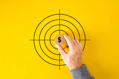Dollar icon, in the center of the target on a yellow background. The businessman set a goalの写真素材