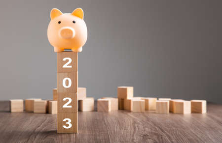 Budget Plan 2023. Piggy Bank on top of wooden block