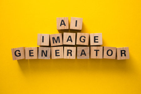 Wooden cubes composing the words ai image generator on a yellow background, representing artificial...