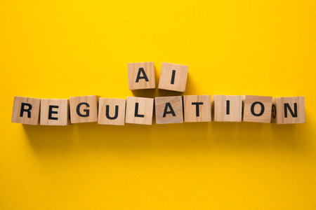 Wooden cubes spelling ai regulation on a yellow background represent the growing need for artificial...