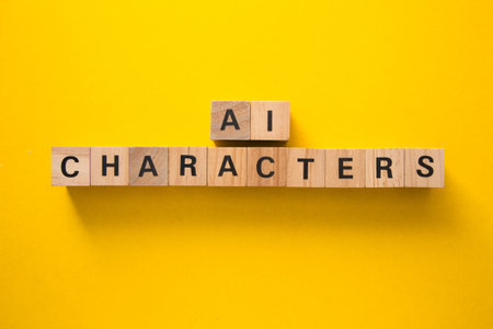 Wooden cubes with black letters spelling ai characters on a yellow backgroundの写真素材