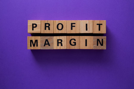Wooden cubes spelling profit margin placed on purple background represent business and financial conceptの写真素材