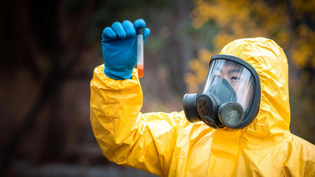 Scientist in hazmat suit and gas mask holding a test tube with orange liquidの素材