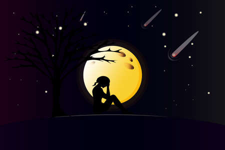 Girl at night on the background of the moon and stars. vector illustrationのイラスト素材