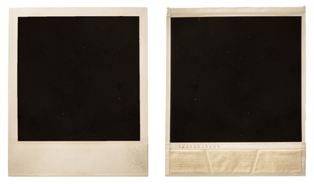 Two aged retro polaroid photo frames collage on whiteの写真素材