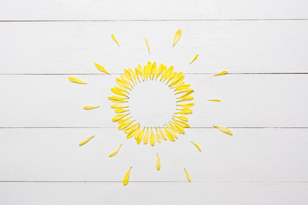 Sun made of chrysanthemum petals on white wooden tableの写真素材