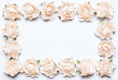 White roses horizontal frame on white background