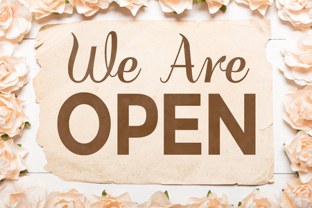 We Are Open! White roses frame and paper sheet