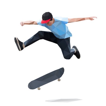 Skateboarder doing a jumping trick on skateboard. Low Poly Vector Illustrationのイラスト素材