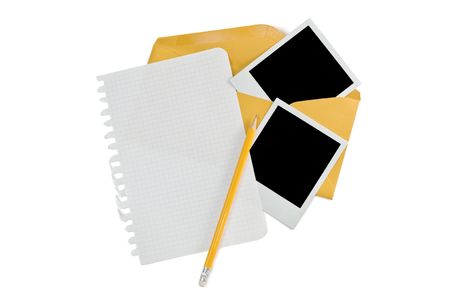 Blank note and instant photos on envelopeの写真素材