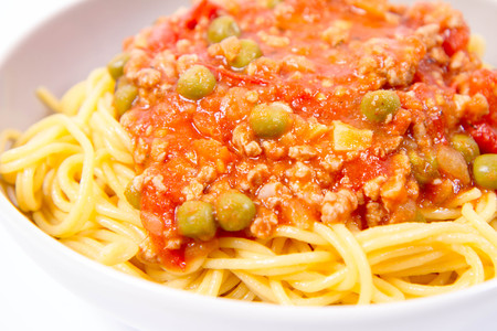 Gluten-free spaghetti bolognese with pea (corn and rice pasta)の写真素材