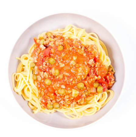 Gluten-free spaghetti bolognese with pea (corn and rice pasta)の写真素材