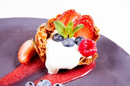 Dessert: Mascarpone, berries and almond flakesの写真素材