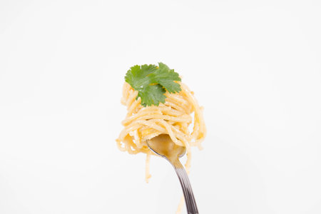 Yellow pepper pesto spaghetti covered with grated mozzarella cheese decorated with coriander rolled around a forkの写真素材