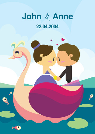 The couple on the swan boat. The wedding background design.のイラスト素材