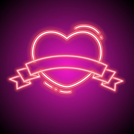 Neon banner. Abstract neon design. Retro banner. heart neon. Love neon sign.のイラスト素材
