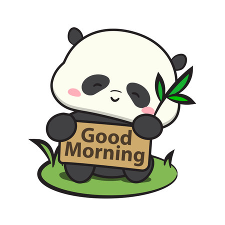 Good morning design. Good morning text neon design. Panda with good morning text.のイラスト素材