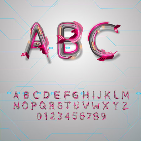 alphabet; decorative; typographic; typography; lettering; abc; collection; graphic; text; vector; typeface; typescript, electronic, modern, tech,technology, futuristicのイラスト素材