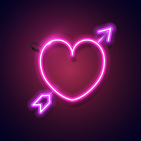 Pink neon heart with dark background.のイラスト素材