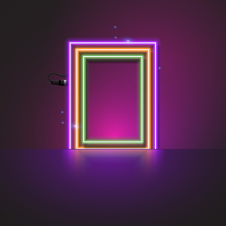 Vector of rectangle neon banner on dark background.のイラスト素材