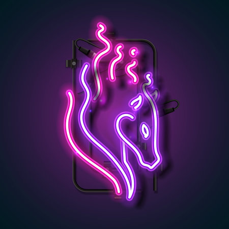 A vibrant neon sign illustration featuring the elegant outline of a horse's head in glowing purple and pink tones. This eye-catching design includes realistic light tubes and wall mounting elements, set against a dark gradient background to enhance the neon glow. Perfect for equestrian themes, western decor, night club posters, or modern vector art collections.vのイラスト素材