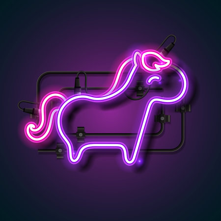 A vibrant neon sign illustration featuring the elegant outline of a horse's head in glowing purple and pink tones. This eye-catching design includes realistic light tubes and wall mounting elements, set against a dark gradient background to enhance the neon glow. Perfect for equestrian themes, western decor, night club posters, or modern vector art collections.vのイラスト素材