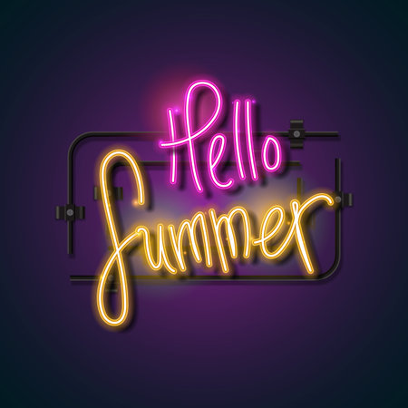 A glowing "Hello Summer" neon sign design in vibrant pink and yellow hues, set against a dark background. This vector illustration features handwritten-style typography that mimics real neon tubes, complete with support brackets and wiring. Perfect for summer promotions, advertisements, posters, party invitations, and digital banners that need a fun and energetic seasonal touch.のイラスト素材