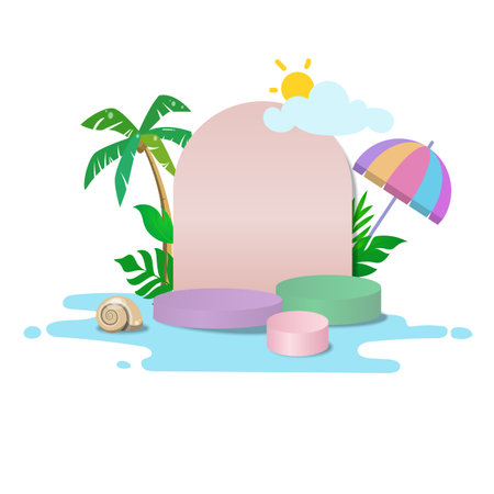 A vibrant summer-themed vector illustration featuring pastel-colored podiums with a tropical background. The scene includes palm trees, leaves, a colorful umbrella, sunshine behind clouds, and beach elements like a shell and water puddles. Perfect for showcasing products, promotional materials, seasonal ads, or social media summer content.のイラスト素材