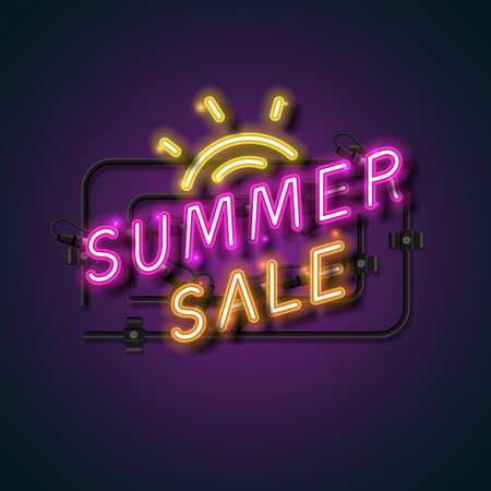This eye-catching neon sign design features the words "Summer Sale" in glowing pink and yellow letters, diagonally arranged for a dynamic feel. Above the text is a neon sun icon radiating bright yellow light, adding a warm and energetic summer vibe. The dark background enhances the glow effect, making it perfect for digital ads, posters, banners, or storefront displays during seasonal promotions.のイラスト素材