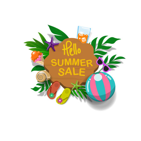 A vibrant and playful summer sale illustration featuring a wooden sign that says "Hello Summer Sale," surrounded by tropical leaves, beach ball, flip-flops, ice cream, seashells, starfish, sunglasses, and a refreshing drink. This colorful vector design captures the fun and excitement of summer shopping, perfect for advertisements, posters, banners, or digital promotions for seasonal sales.のイラスト素材