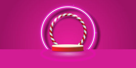 A bright and festive Christmas podium scene featuring a glowing neon circle frame and a candy cane ring on a pink background. Perfect for holiday promotions, product display, Christmas sales banners, winter advertisements, and seasonal marketing design projects. The modern neon glow and candy-themed elements create a cheerful and eye-catching holiday atmosphere.のイラスト素材