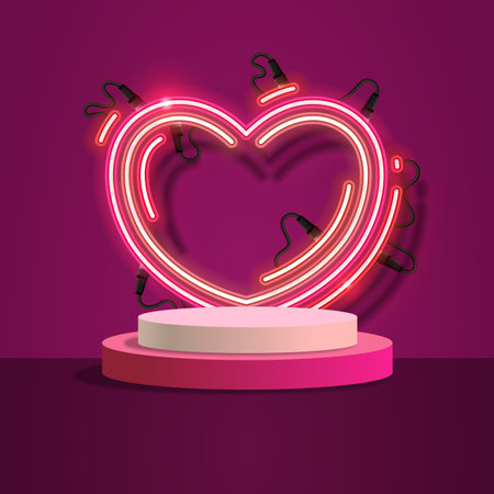 A glowing neon heart light frame displayed behind a round podium on a pink background. This romantic and modern design is perfect for Valentineâs Day promotions, love-themed banners, product presentation, wedding concepts, romantic advertisements, social media posts, and digital marketing materials. The bright neon glow and minimal podium create an eye-catching and stylish composition suitable for various creative projects.のイラスト素材