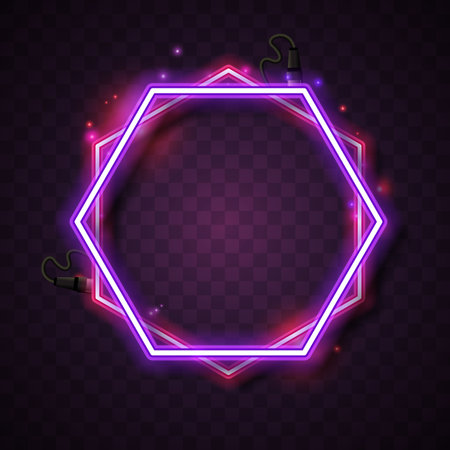 A futuristic neon hexagon frame glowing in vibrant pink and purple tones on a dark, transparent-style background. This illuminated geometric shape creates a modern, high-tech atmosphere enhanced by sparkles, reflections, and realistic neon cable details. Perfect for digital banners, UI/UX design, nightclub promotions, cyberpunk themes, music event posters, gaming backgrounds, social media templates, and product display frames. Ideal for creative designers needing an eye-catching neon border with a stylish geometric aesthetic.のイラスト素材
