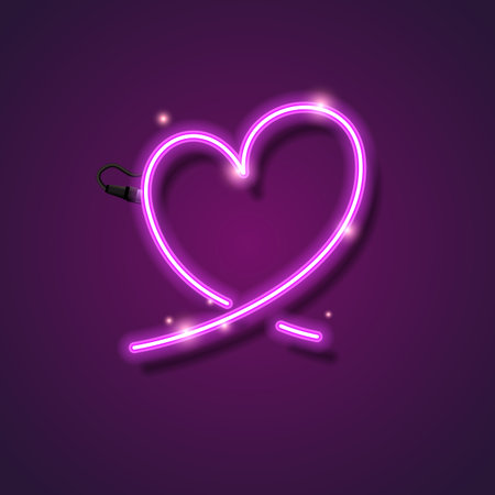 Glowing neon purple heart ribbon symbol for cancer awareness. Modern luminous design ideal for World Cancer Day campaigns, healthcare posters, social media and support visuals.のイラスト素材