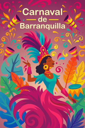 Vibrant Carnaval de Barranquilla artwork featuring a festive dancer, bright feathers, confetti, and tropical colorsâperfect for festival ads, posters, and cultural designs.のイラスト素材
