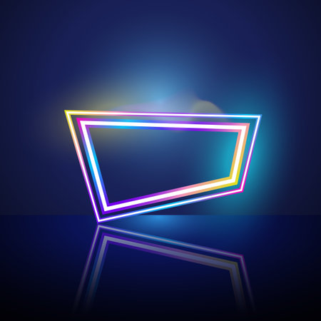 Colorful neon trapezoid glowing with reflections on a dark futuristic background. Perfect for banners, posters, tech designs, and digital templates.のイラスト素材